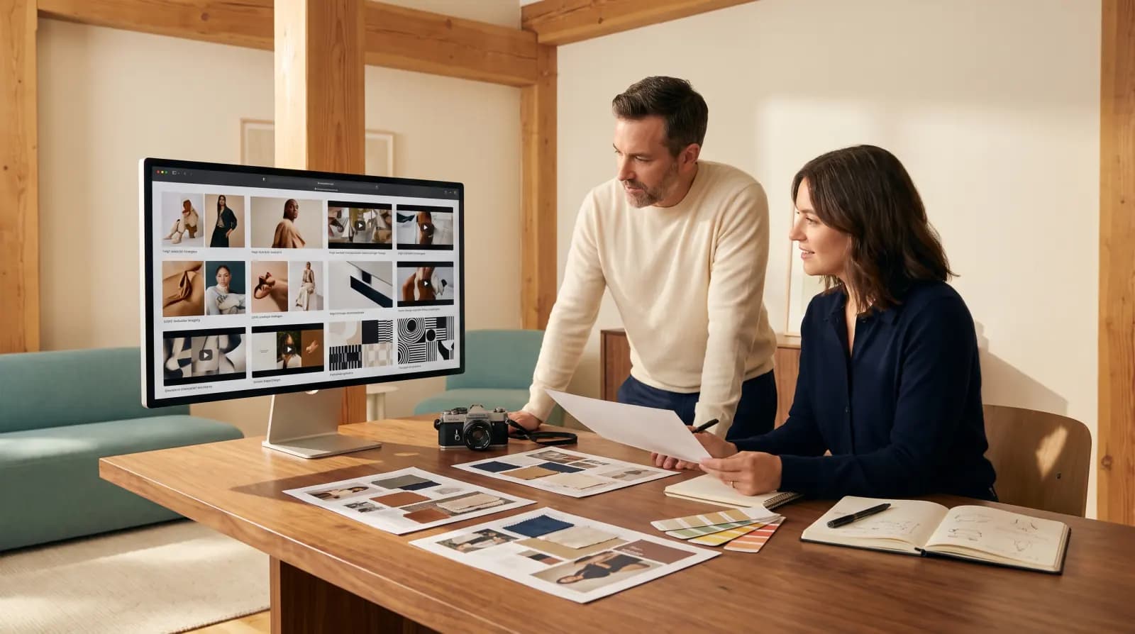 Creative team reviewing visual and video content on a studio monitor