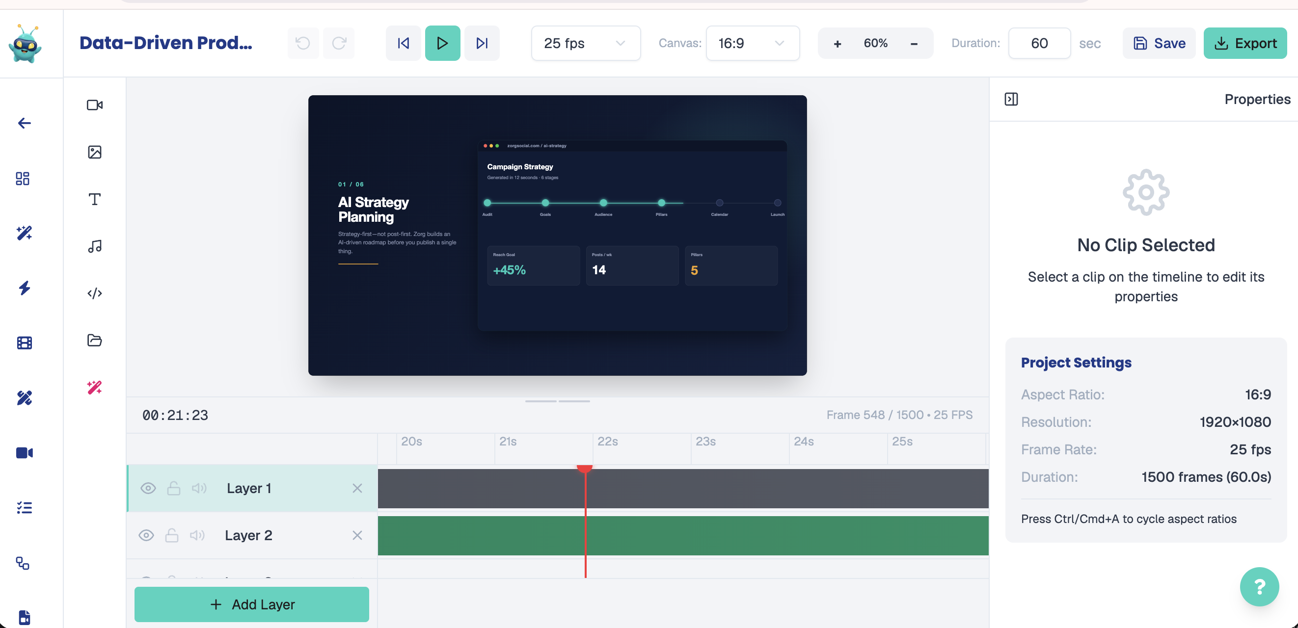 Video Editor — motion-graphics on Layer 1, background music on Layer 2, playhead at second zero